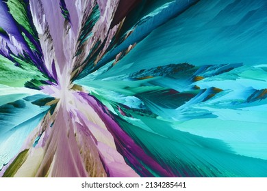 Photo Through A Microscope Of Crystals Growing From The Melt Of Ammonia Alum. Polarized Light Technology. Abstract Art Wallpaper. Background For Design.