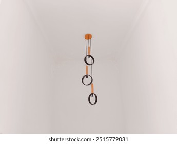 Photo Thumbnail Description:
A modern, minimalist pendant light hangs from a ceiling against a white wall. The light features three black metal rings connected by thin wooden dowels. - Powered by Shutterstock