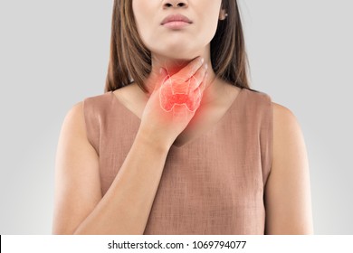 The photo of thyroid is on the human body, Women thyroid gland control. Sore throat of a people against gray background - Shutterstock ID 1069794077
