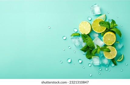 Photo top view photo of mint leaves whole and sliced limes halves of lemon ice cubes and water drops on isolated pastel - Powered by Shutterstock
