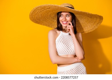 Photo of tricky dreamy lady wear white set headwear looking empty space finger lips isolated yellow color background - Powered by Shutterstock