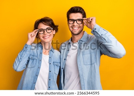 Photo of two agents business people touch eyeglasses eyewear decide start up solution isolated bright color background