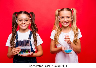 Photo of two beautiful small ladies smart school kids make chemical experiment showing results in tubes to teacher wear safety specs overall t-shirt isolated red color background - Powered by Shutterstock