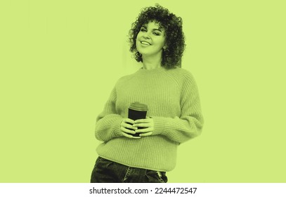 Photo in two gradient colors young woman holding cup and coffee 