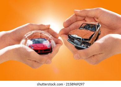 Photo Of Two Hands Exchanging Old Broken Car To New One