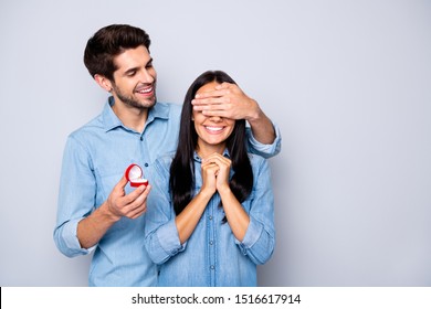 Photo Of Two People Together White Wearing Jeans Denim With Girlfriend Anticipating Eyes Covered And Loving Boyfriend Getting Ready To Propose To Her Isolated Grey Color Background