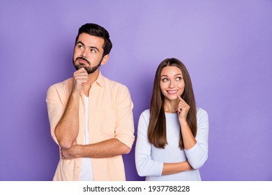 Photo Of Two Positive Persons Arm Finger On Chin Look Interested Empty Space Isolated On Violet Color Background