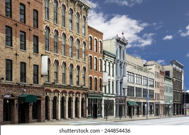 A Photo Of A Typical Small Town Main Street In The United States Of America. Features Old Brick Buildings With Specialty Shops And Restaurants. 