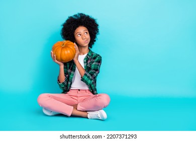 Photo of uncertain lady sit floor hold pumpkin look empty space wear plaid shirt isolated teal color background - Shutterstock ID 2207371293