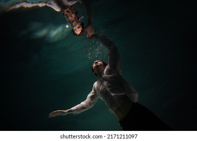 Photo Underwater Guy White Shirt Floundering Stock Photo 2171211097 ...