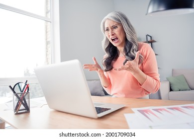 Photo Of Unhappy Crazy Angry Old Woman Scream Laptop Overworked Bad Mood Sit Table Indoors Inside House