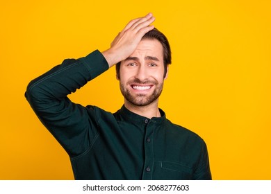 Photo Of Unhappy Depressed Young Man Wear Smart Casual Outfit Forget Important Thing Arm Forehead Isolated Yellow Color Background