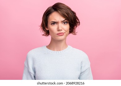 Photo of unhappy young woman bad mood irritated problem raise eyebrow isolated on pink color background - Shutterstock ID 2068928216