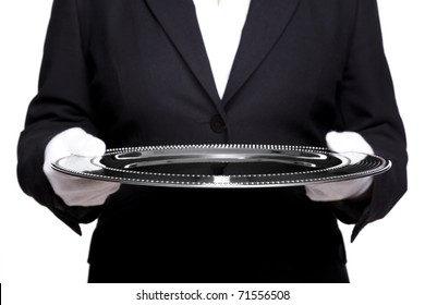 Photo Of An Unreconisable Female Butler Holding A Silver Tray, Isolated Against A White Background. Focus Is On The Front Of The Tray, Good Image For Product Placement.