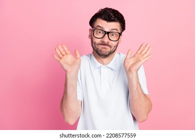 Photo Of Unsure Confused Man Barber Dressed Nice Clothes Show Arm Not Agree Bad Haircut Isolated On Pink Color Background