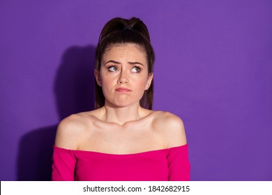 Photo Of Unsure Girl Look Copyspace Think Cant Remember Memory Isolated Over Vivid Color Background