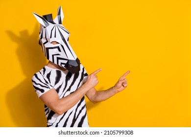Photo of unusual guy in zebra mask point finger empty space demonstrate theme event promo isolated over yellow color background