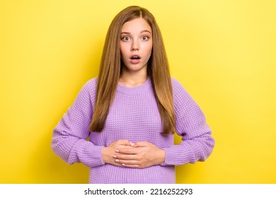 Photo Of Upset Afraid Lady Wear Stylish Violet Jumper Hand Touch Belly Feel Sharp Pain Need Doctor Isolated On Yellow Color Background