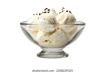 Photo of vanilla ice cream with chocolate in a transparent cup on a white background