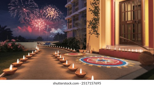 A photo of a vibrant Diwali night. There are diyas placed along the pathways, casting a warm glow. Colorful rangoli patterns decorate the ground near the entrance. The overall mood is festive, joyous. - Powered by Shutterstock