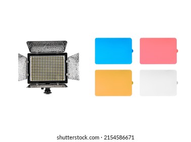 Photo And Video Lamp. LED Lamp With Special Shutters For The Formation Of Light Flux. Photo And Video Lighting Fixture. Color Filters For Changing The Temperature Of Light. Isolate On A White Back