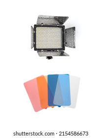 Photo And Video Lamp. LED Lamp With Special Shutters For The Formation Of Light Flux. Photo And Video Lighting Fixture. Color Filters For Changing The Temperature Of Light. Isolate On A White Back