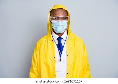 Photo Of Virologist Doctor Expert Dark Skin Guy Virology Department Abroad Professional Wear Epidemic Clothes Yellow Coat Hood Protective Mask Glasses Isolated Grey Color Background