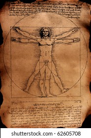 Photo Of The Vitruvian Man By Leonardo Da Vinci From 1492 On Textured Background.