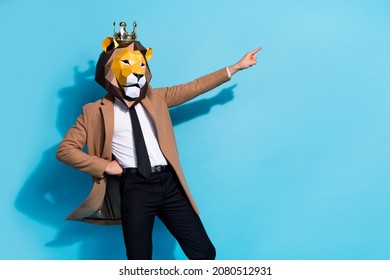 Photo Of Weird Eccentric Guy Lion Mask Character Point Hand Empty Space Offer Theme Event Isolated Over Blue Color Background