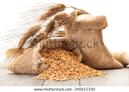 Photo of wheat grains and flour on the wooden table