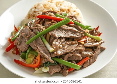 A photo of a white plate with a stir-fried dish of thinly sliced beef, green onions, red bell peppers, and other vegetables - Powered by Shutterstock