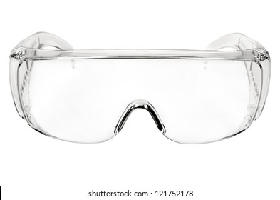 photo white protective spectacles on white background isolated, close up full face