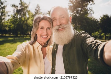 Photo Of Wife Husband Happy Old Man Woman Make Selfie Smile Weekend Walk Outdoors Outside Park In City Forest