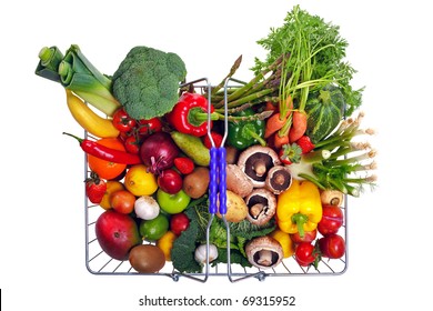 Photo Of A Wire Shopping Basket Full Of Fresh Fruit And Vegetables, Shot From Above And Isolated On A White Background.