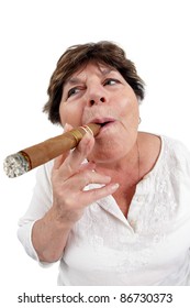 Photo Of A Woman In Her Sixties Happily Smoking A Large Cuban Cigar. Taken With A Fisheye Lens.