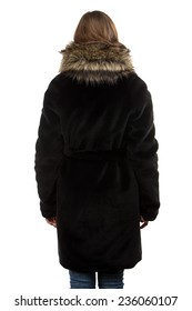 Photo Of The Woman In Winter Coat From The Back On White Background