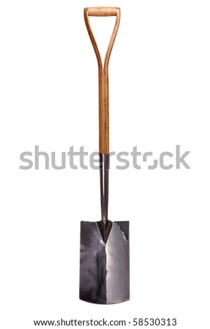 Photo of a wooden handle gardening spade isolated on a white background.