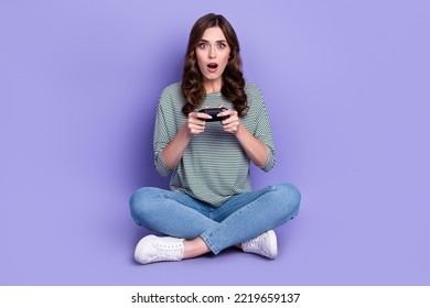 Photo Of Worried Nervous Lady Free Time Playstation Online Game Failured New Level Isolated On Purple Color Background