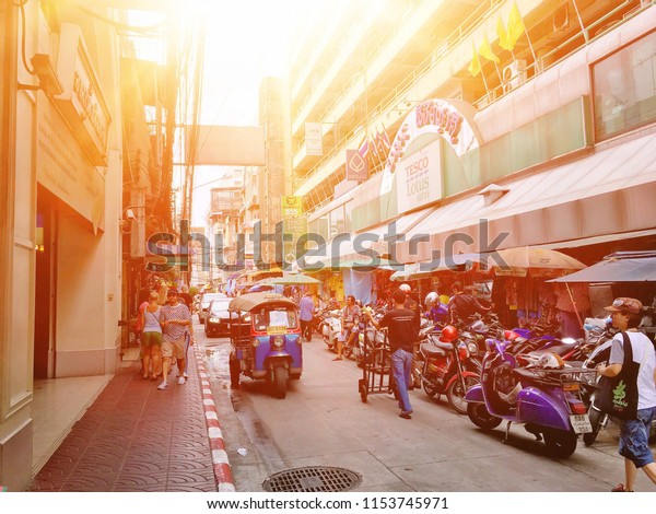 The\
photo of Yaowarach street in Bangkok China town and its building\
next to  the road. Bangkok, Thailand July 24,\
2018