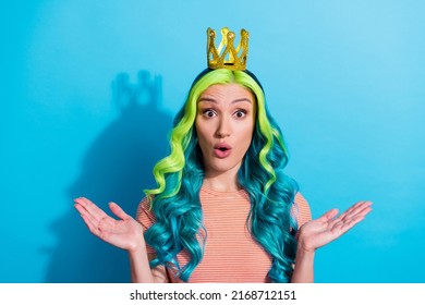 Photo Of Young Adorable Lady Go Graduation Party Receive Golden Crown Become Prom Queen Isolated On Blue Color Background