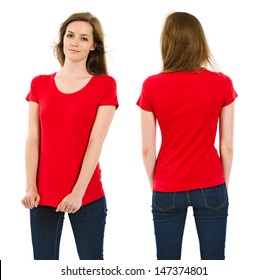 Photo Of A Young Adult Female Posing With A Blank Red Shirt.  Front And Back Views Ready For Your Artwork Or Designs. 