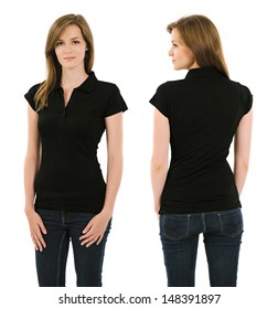 Photo of a young adult female posing with a blank black polo shirt.  Front and back views ready for your artwork or designs. - Shutterstock ID 148391897