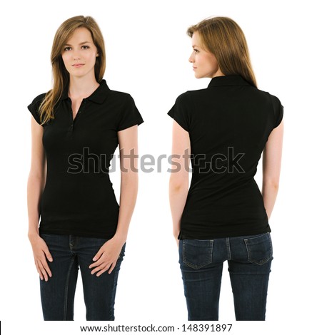 Photo of a young adult female posing with a blank black polo shirt.  Front and back views ready for your artwork or designs.