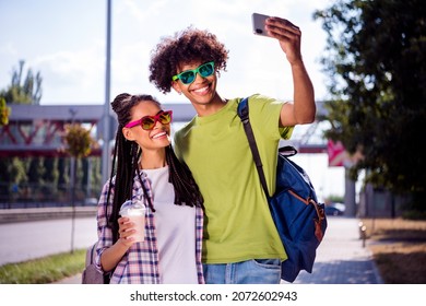 Photo of young african couple happy positive smile walk city make selfie cellphone drink milkshake summer outdoors - Powered by Shutterstock