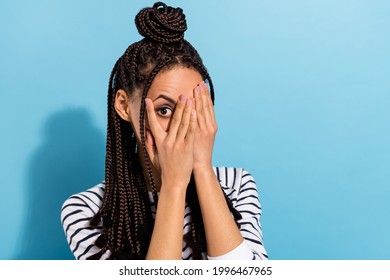 Photo Of Young Afro Girl Close Cover Hands Face Terrified Horrified Look Isolated Over Blue Color Background