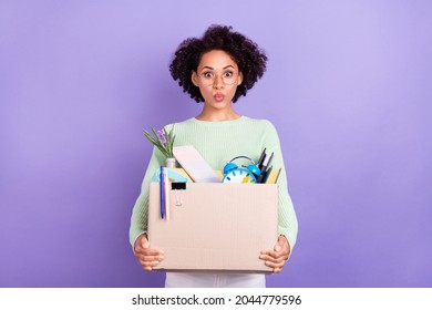 Photo Of Young Amazed Dark Skin Shocked Woman Hold Hands Box College Move Isolated On Violet Color Background