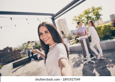 Photo Of Young Attractive Cheerful Woman Make Photo Selfie Blogger Happy Positive Smile Enjoy Party Rooftop