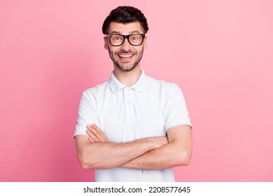 Photo Of Young Attractive Handsome Bearded Guy Worker Student Wear Glasses Laugh Positive Mood Folded Hands Cute Comic Isolated On Bright Pink Color Background