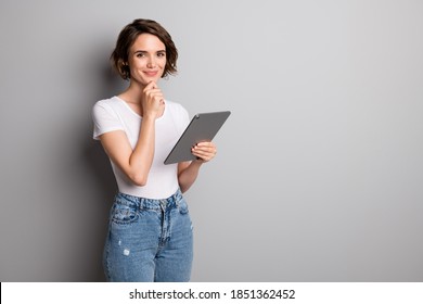 Photo of young attractive happy positive woman hold pc tablet hand touch chin isolated over grey color background