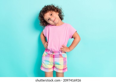 Photo Of Young Attractive Little Hispanic Girl Happy Positive Smile Lovely Isolated Over Turquoise Color Background